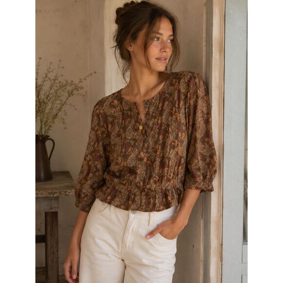 Doen Tops - DOEN Brown Floral Button Up Shirt Top Blouse Women's Size XS
